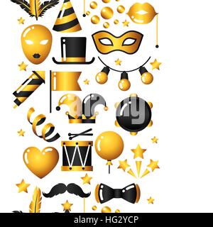 Carnival seamless pattern with gold icons and objects. Celebration party background Stock Vector
