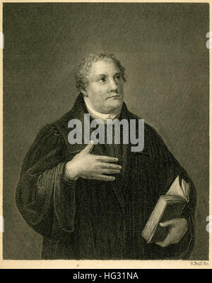 Antique c1840 engraving, Dr. Martin Luther. Martin Luther (1483-1546) was a German professor of theology, composer, priest, monk and a seminal figure in the Protestant Reformation. SOURCE: ORIGINAL ENGRAVING. Stock Photo