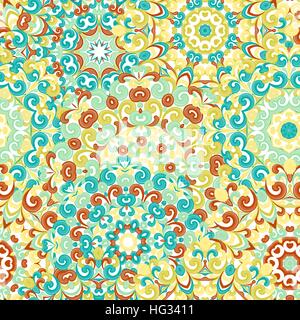 Seamless colorful ethnic pattern with mandalas in oriental style. Round doilies with green, blue, yellow curls and swirls weaving in arabesque traditional lace ornament. Vector illustration. Stock Vector