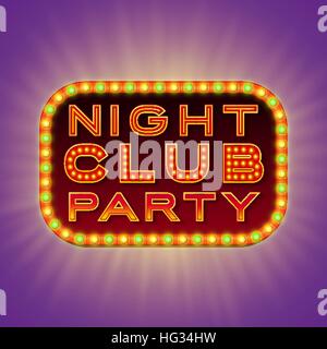 Night club party. 3d retro light banner with shining bulbs. Red sign with green and yellow lights on dark background. Club street signboard. Advertising frame with glow. Vintage vector illustration. Stock Vector