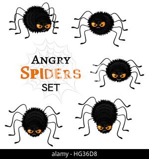 Cartoon scary black spiders set isolated on white background. Funny insects characters with angry faces and orange eyes. Flat Halloween elements collection for your design. Vector illustration.