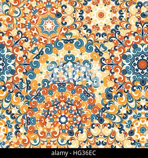 Seamless colorful ethnic pattern with mandalas in oriental style. Round doilies with blue, yellow, orange curls and swirls weaving in arabesque traditional lace ornament. Vector illustration. Stock Vector