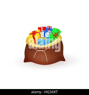 Santas sack filled with gifts isolated on white background. Elements for Christmas or New Year flat design. Colorful boxes with bows. Cartoon Xmas vector illustration. Stock Vector