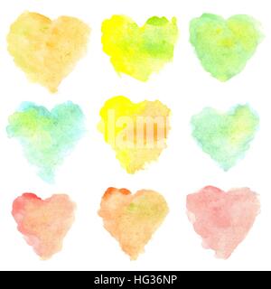 Watercolor heart shaped stains isolated on white background. Set of red, yellow, blue, green, orange hand painted spots. Colorful vector illustration. Stock Vector