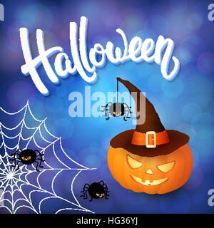 Halloween greeting card with pumpkin wearing hat, angry spiders, net and 3d brush lettering on blue background with bokeh elements. Decoration for poster, banner, flyer design. Vector illustration. Stock Vector