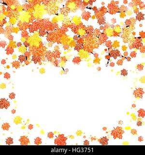 Autumn banner template with blank space for your text. Seasonal fall poster with red, orange, brown and yellow falling leaves with watercolor splash on white background. Colorful vector illustration. Stock Vector