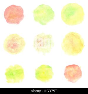 Watercolor circles isolated on white background. Set of colorful hand painted stains. Autumn tints. Bright vector illustration. Stock Vector
