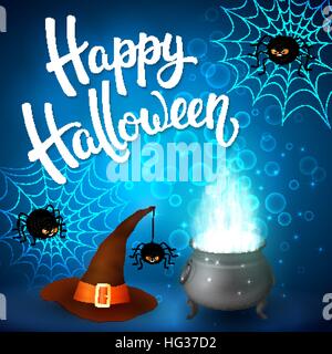 Halloween greeting card with witch cauldron, hat, angry spiders, net and brush lettering on blue background with bubbles. Decoration for poster, banner, flyer design. Vector illustration. Stock Vector