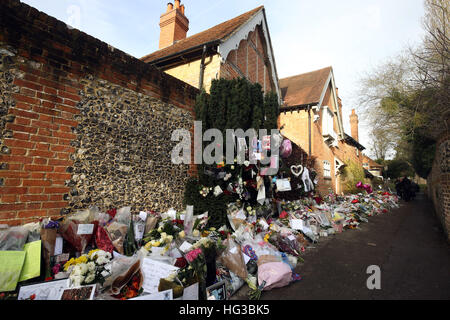 Floral tributes continue to be left outside the home of George Michael in Goring-on-Thames, Oxfordshire, after he died on Christmas Day aged 53. Stock Photo