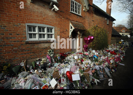 Floral tributes continue to be left outside the home of George Michael in Goring-on-Thames, Oxfordshire, after he died on Christmas Day aged 53. Stock Photo