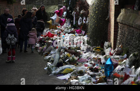 Floral tributes continue to be left outside the home of George Michael in Goring-on-Thames, Oxfordshire, after he died on Christmas Day aged 53. Stock Photo