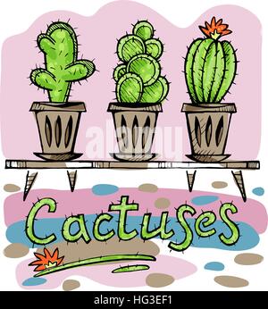Hand drawn vector illustration colored sketch of house plants. Cactus doodle set. Natural design elements. Stock Vector