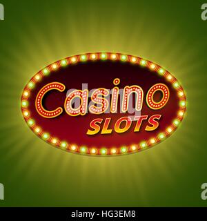Casino slots. 3d retro light banner with shining bulbs. Red sign with green and yellow lights on dark background. Casino street signboard. Advertising frame with glow. Vintage vector illustration Stock Vector