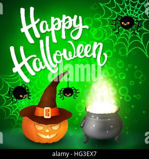 Halloween greeting card with witch cauldron, hat, pumpkin, angry spiders, net and brush lettering on green background with bubbles. Decoration for poster, banner, flyer design. Vector illustration. Stock Vector