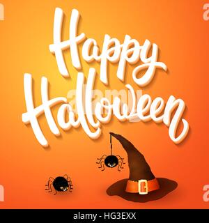 Halloween greeting card with witch hat, angry spiders and 3d brush lettering on orange background. Decoration for poster, banner, flyer design. Vector illustration. Stock Vector