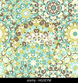 Seamless colorful ethnic pattern with mandalas in oriental style. Round doilies with blue, brown, green curls and swirls weaving in arabesque traditional lace ornament. Vector illustration. Stock Vector