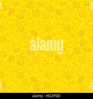 Halloween seamless pattern with spiders, witch cauldron, bat, ghost, pumpkin, leaves and bubbles on yellow background. Decoration for greeting card, poster, banner, flyer design. Vector illustration. Stock Vector