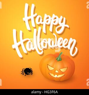 Halloween greeting card with pumpkin, angry spider and 3d brush lettering on orange background. Decoration for poster, banner, flyer design. Vector illustration Stock Vector