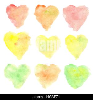 Watercolor heart shaped stains isolated on white background. Set of colorful hand painted spots. Autumn tints. Vector illustration. Stock Vector