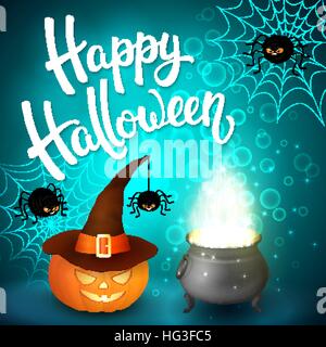 Halloween greeting card with witch cauldron, hat, pumpkin, angry spiders, net and brush lettering on blue background with bubbles. Decoration for poster, banner, flyer design. Vector illustration. Stock Vector
