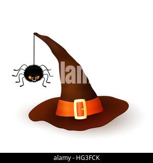 Cartoon Halloween 3d witch hat with hanging hairy black spider isolated on white background. Brown cap with an orange ribbon and buckle. Vector illustration. Stock Vector