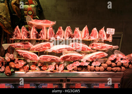 Jamones displayed in stall Central Market Valencia Spain Stock Photo