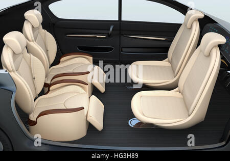 Self-driving car cutaway image. Front seats turn to backward, and the rear seats have gorgeous reclining massage function. Stock Photo