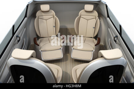 Front view of self-driving car cutaway image. Front seats turn to backward, the rear seats have reclining massage function. Stock Photo