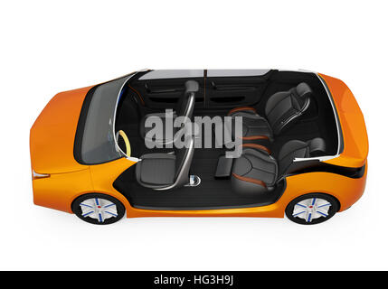 Self-driving car cutaway image. Left doors opened and front seats turned backward, rear seats with massage funcction. Stock Photo