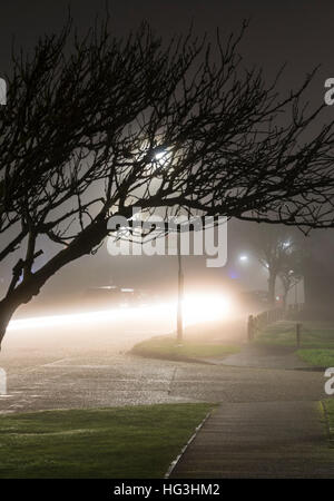 Residential road with a car going past in foggy weather at night. Foggy weather. Mist at night. Fog at night. Stock Photo