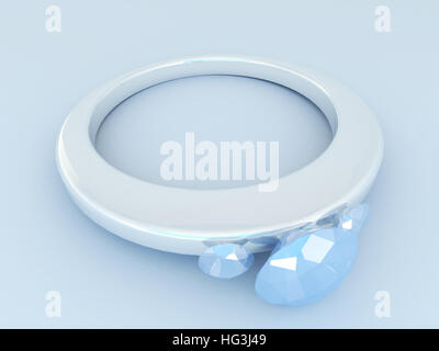 3D render of a silver diamond ring with blue gems Stock Photo