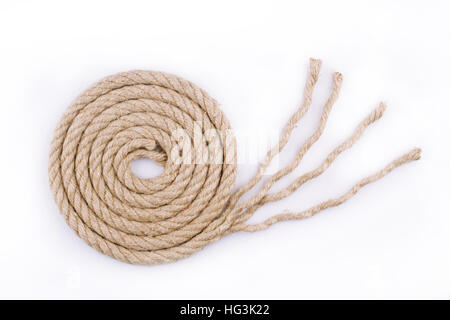 top view of rope with unraveled end isolated on white background Stock Photo