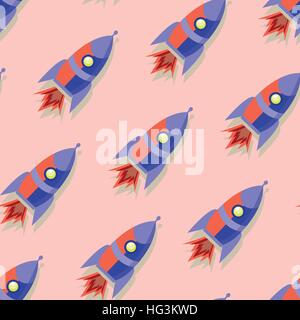 Cute and colorful space seamless pattern background with rockets. Red, pink and blue. Stock Vector