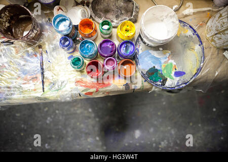multi-colored paints in jars for drawing. color paints for creat Stock Photo