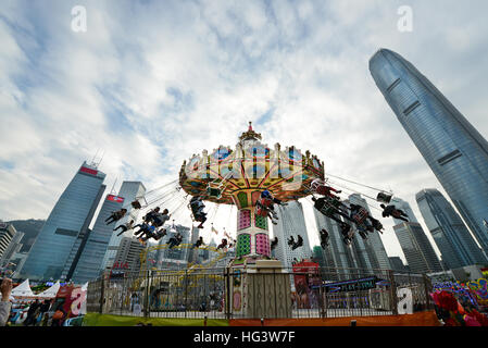 Beautiful cityscapes as seen from a high carousel at the AIA great European Carnival in Hong Kong. Stock Photo
