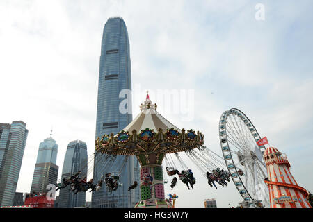 Beautiful cityscapes as seen from a high carousel at the AIA great European Carnival in Hong Kong. Stock Photo