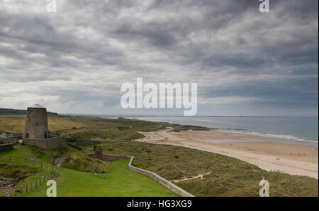 The view from Bamburgh Castle, looking north towards Lindisfarne Stock Photo