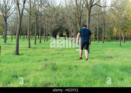 Big belly man jogging , exercising, doing cardio in the park , slightly overweight, loosing weight. On a lawn of green grass between trees without lea Stock Photo