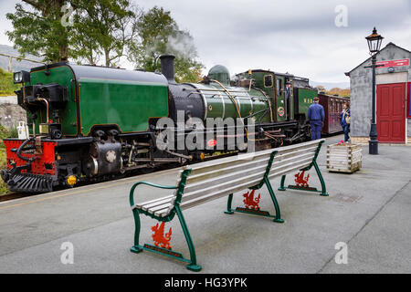 Steam engine at Beddgelert Station, Welsh Highland Railway, Gwynedd, Wales. Stock Photo