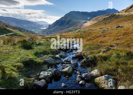 Nant Cynydd and view to Snowdon (Yr Wyddfa) and down the Afon Glaslyn Valley to Llyn Gwynant, Snowdonia National Park (Eryri National Park), Wales Stock Photo