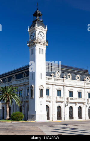 The historic Clock Tower of the old maritime station in the port of Valencia, Spain. Stock Photo