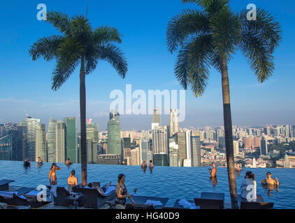 The swimming pool at the Marina Bay Sands SkyPark. Singapore Stock Photo