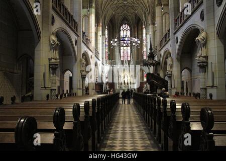 Nave of the Castle Church of Wittenberg. On the main door of the church Martin Luther published his 95 theses in 1517 against the indulgences (thesis). Castle Church of Wittenberg, City of Wittenberg, Saxony-Anhalt, Germany, Europe Date: November 08, 2016 | usage worldwide Stock Photo