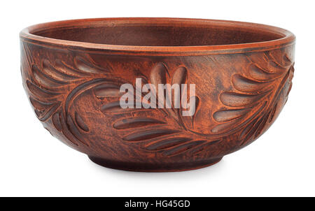 Beautiful old clay bowl with floral patterns isolated on white Stock Photo