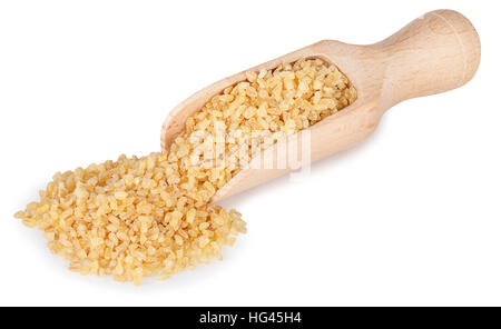 Bulgur or couscous  in wooden scoop isolated on white background Stock Photo