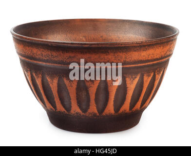 Empty brown with orange stripes decorative clay bowl isolated on white Stock Photo