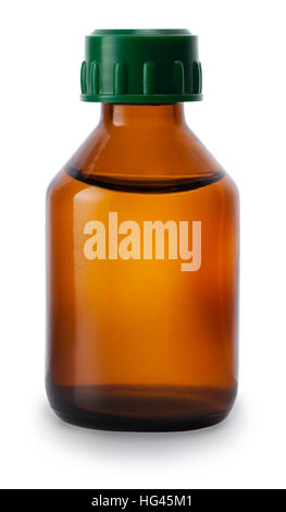 one medicine bottle of brown glass with liquid without label isolated on white background Stock Photo