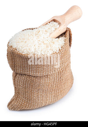 Sack filled with white long rice and wooden scoop isolated on white background Stock Photo