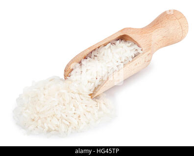 wooden scoop full of white long rice basmati isolated on white background Stock Photo