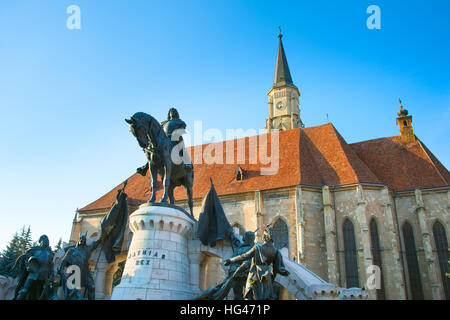 Matthias Corvinus Monument in front of St. Michael's Church in Cluj-Napoca city in Romania Stock Photo